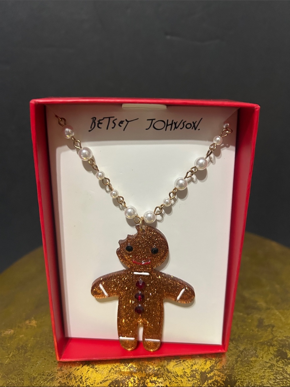 Betsey Johnson Gold Glitter Gingerbread Pendant Necklace with Pearl Chain